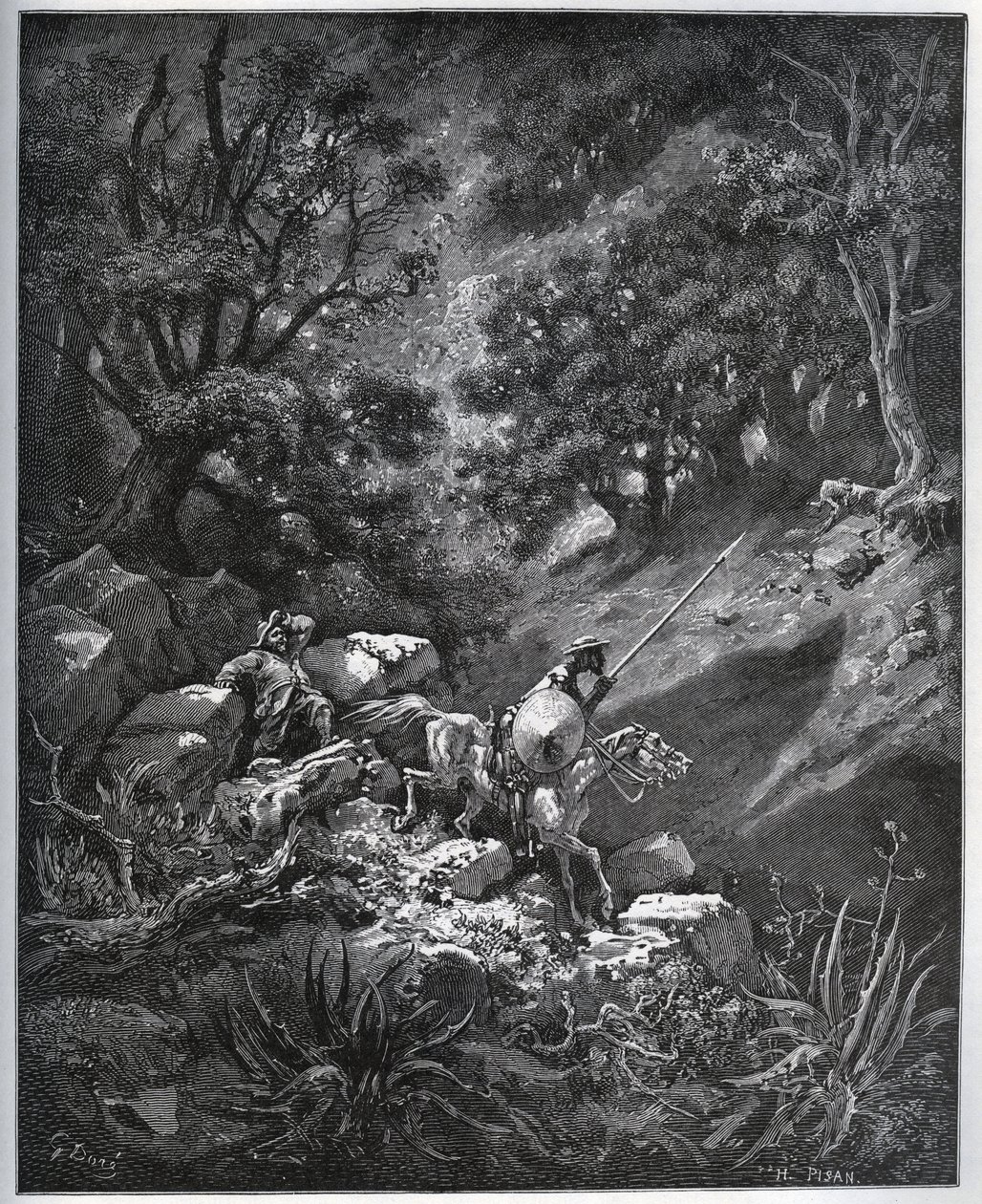 Don Quixote och Sancho Panza fortsätter sin resa i Sierra Morena på jakt efter Deguenille-de-la-Malaise-gruvan - från "Don Quixote de la Mancha" av Miguel Cervantes (1547-1616) (Don Quijote) - Träsnitt efter teckning av Gustave Dore av Gustave Dore