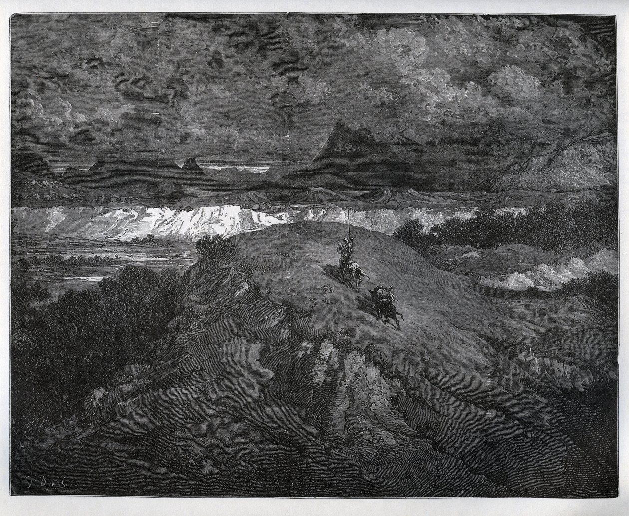 Don Quijote och Sancho Panza fortsätter sina äventyr i en bergig region, Sierra Morena - från "Don Quixote de la Mancha" av Miguel Cervantes (1547-1616) (Don Quijote) - Träsnitt efter teckning av Gustave Dore av Gustave Dore