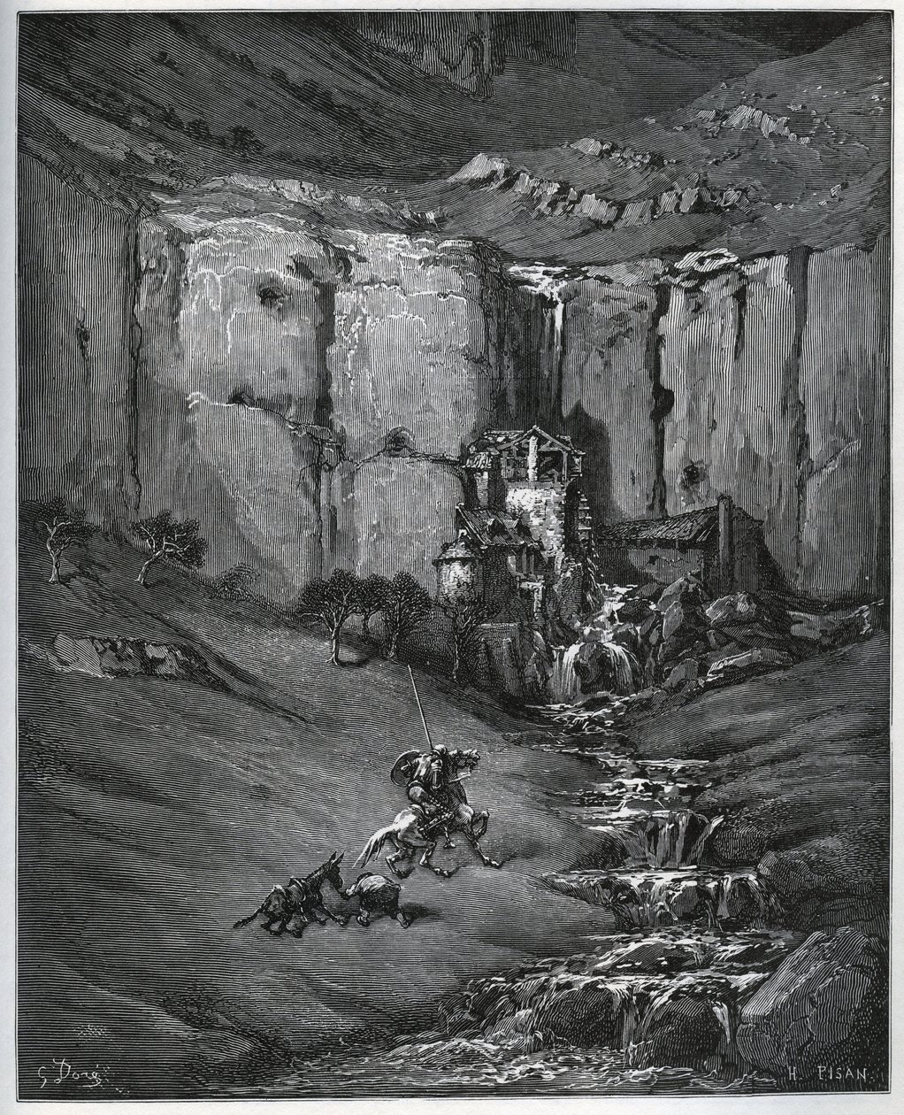 Don Quijote och Sancho Panza upptäcker vad som orsakade deras oro, ett vattenfall och en kvarn en foulon - från "Don Quixote de la Mancha" av Miguel Cervantes (1547-1616) (Don Quijote) - Träsnitt efter teckning av Gustave Dore av Gustave Dore