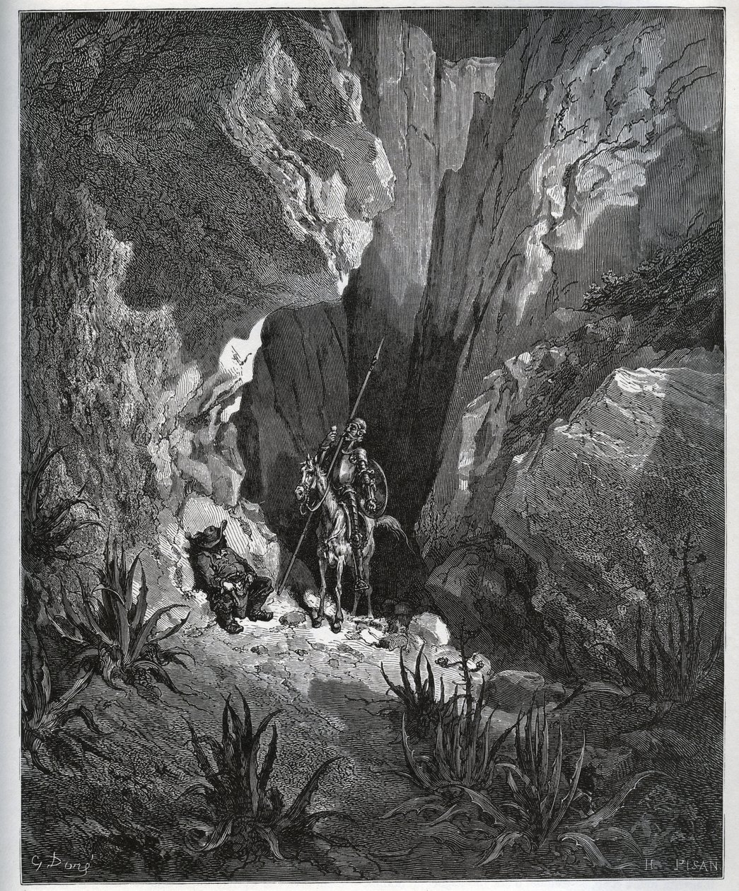 Don Quijote och Sancho Panza hittar saker från en resenär - från "Don Quixote de la Mancha"" av Miguel Cervantes (1547-1616) (Don Quijote) - Träsnitt efter teckning av Gustave Dore av Gustave Dore