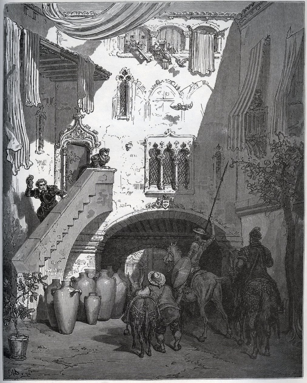 Don Quijote och Sancho Panza, inbjudna av Don Diego de Miranda hemma, välkomnas av gentlemannens hustru och son - från "Don Quixote de la Mancha" av Miguel Cervantes (1547-1616) (Don Quijote) - Träsnitt efter teckning av Gustave Dore av Gustave Dore