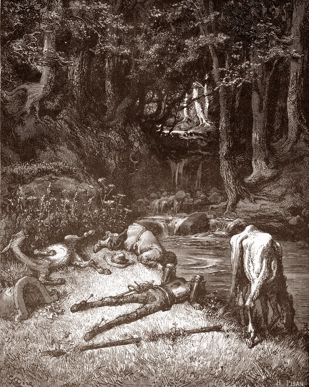 Don Quijote och Sancho Panza fräscha upp dem vid en bäck Gravyr av Gustave Dore (1832-1883) för "L