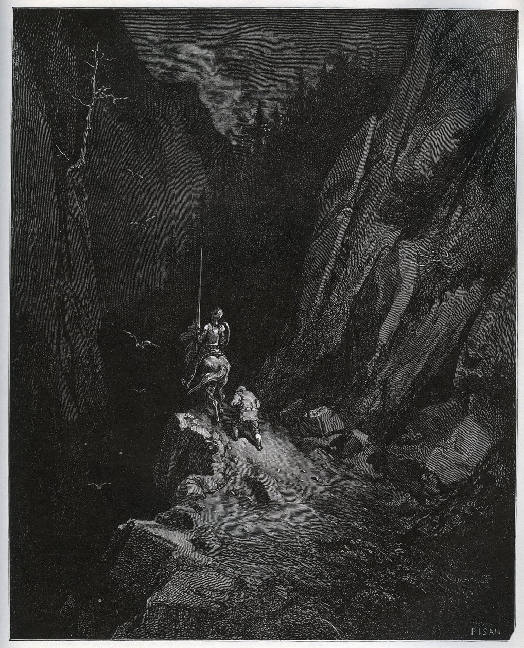 Don Quijote och Sancho Panza sjunker ner i Sierra Morena - från "Don Quixote de la Mancha" av Miguel Cervantes (1547-1616) (Don Quijote) - Träsnitt efter teckning av Gustave Dore av Gustave Dore