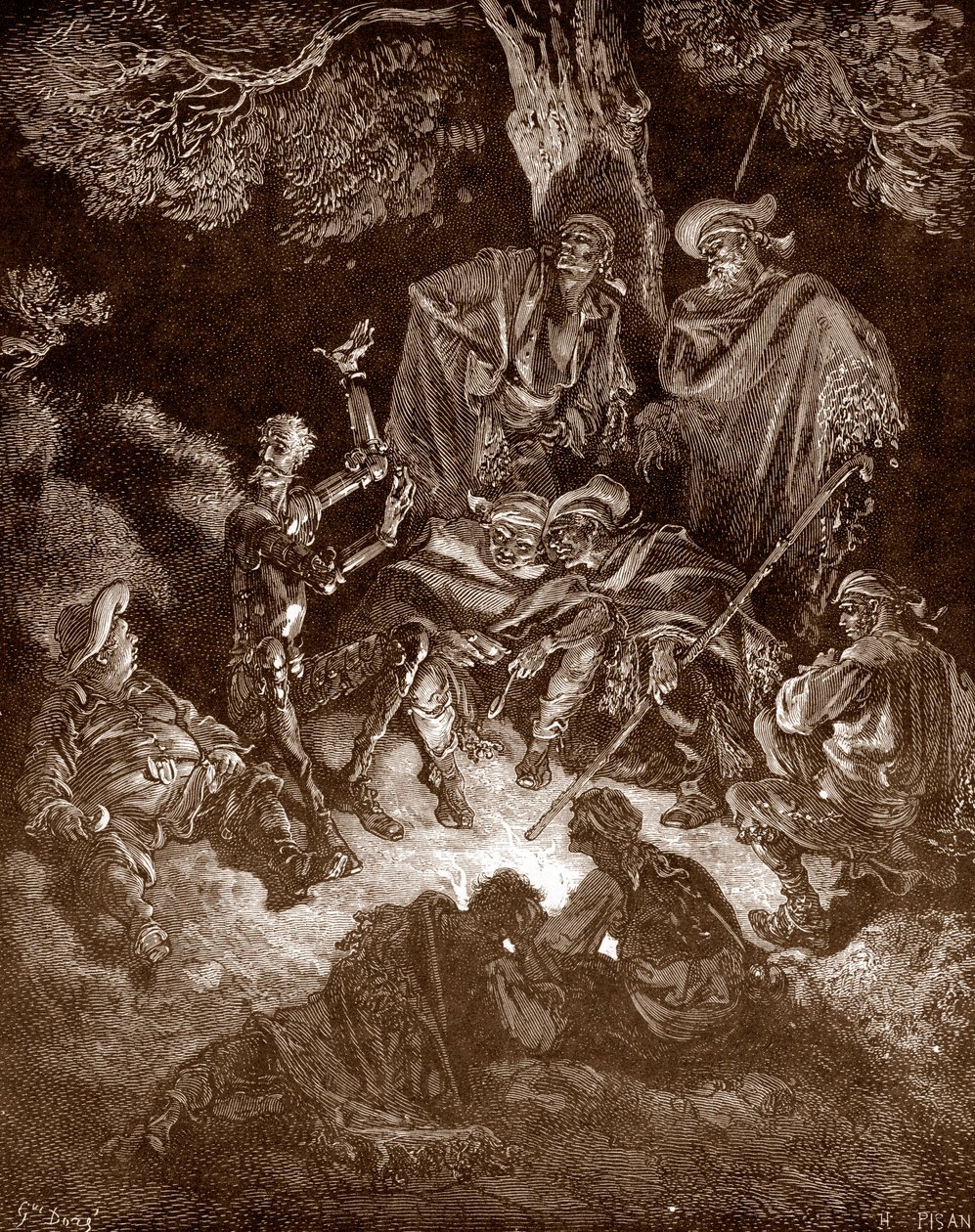 Don Quijote och Sancho Panza med gethjordarna Gravyr av Gustave Dore (1832-1883) för "L