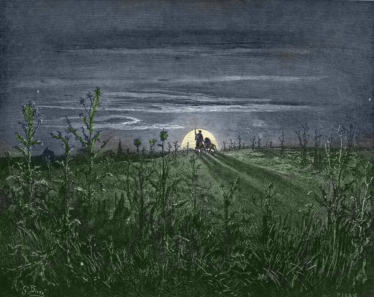 Don Quijote och Sancho, på väg till Toboso - från "" Don Quixote de la Mancha"" av Miguel Cervantes (1547-1616) (Don Quijote) - Träsnitt efter teckning av Gustave Dore (1832-1883) av Gustave Dore