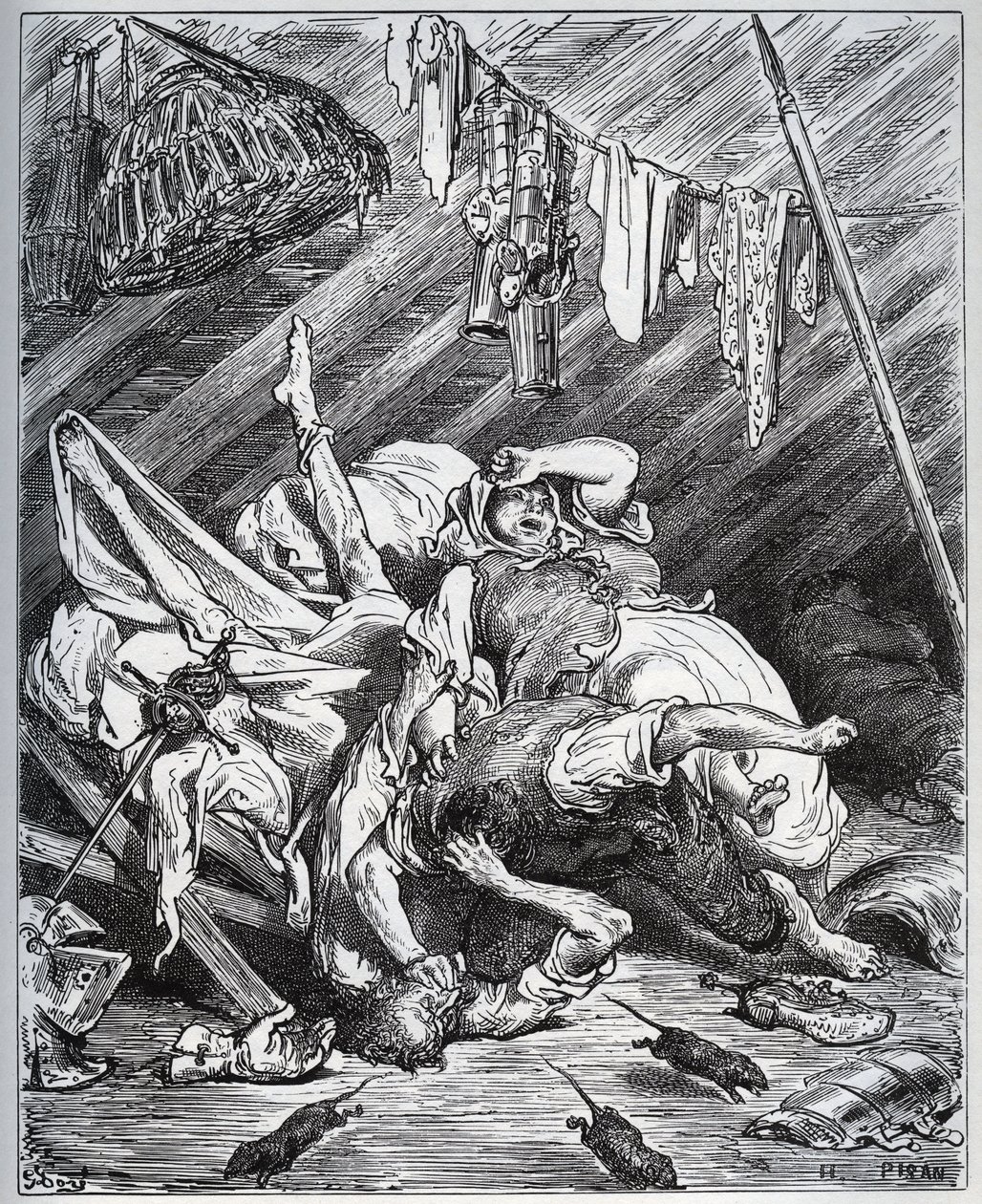 Don Quijote och en mulemakare som slåss för Maritornes, hushållerskan, som Don Quijote tar för sin Dulcinee - från "Don Quixote de la Mancha" av Miguel Cervantes (1547-1616) (Don Quijote) - Träsnitt efter teckning av Gustave Dore av Gustave Dore