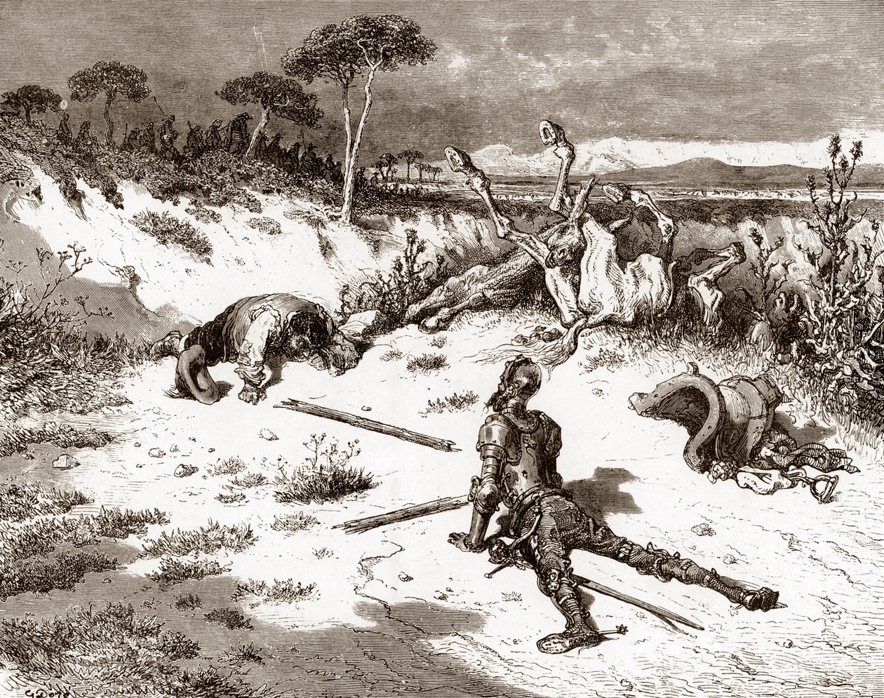 Don Quijote och sancho Panza efter bråket med vakterna och brottslingarna Gravyr av Gustave Dore (1832-1883) för "L