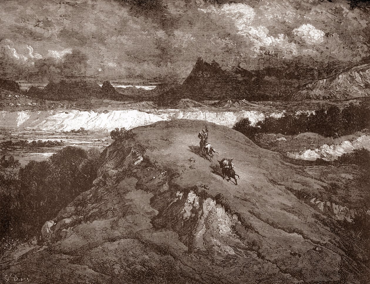 Don Quijote och sancho Panza närmar sig Sierra Morena Gravyr av Gustave Dore (1832-1883) för "L