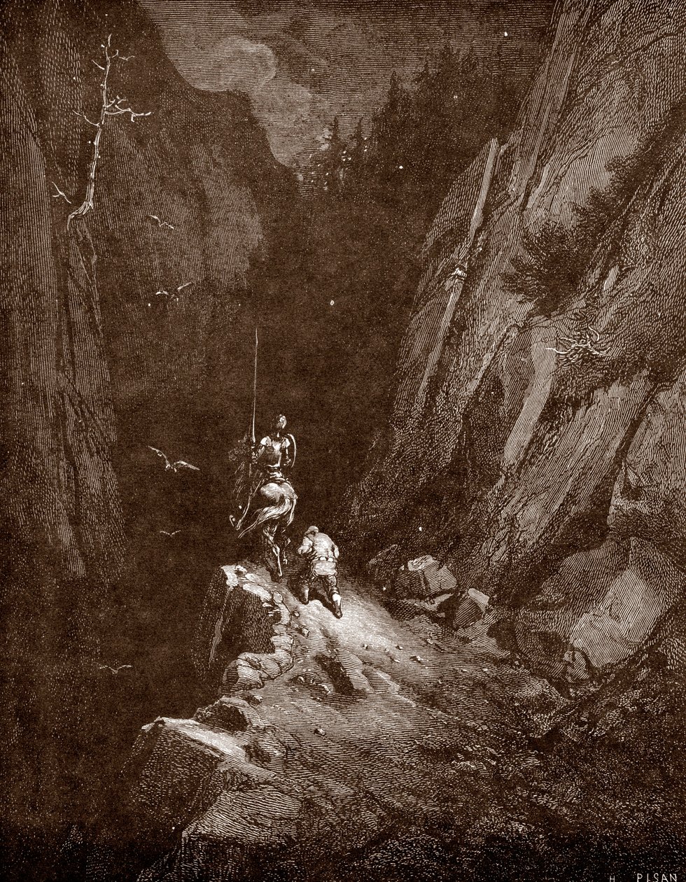 Don Quijote och Sancho Panza i hjärtat av Sierra Morena Gravyr av Gustave Dore (1832-1883) för "Den geniala ädla Don Quijote från La Manche (Quixot - Quijote)" av Miguel de Cervantes (1547-1616) 1863 Privat samling av Gustave Dore