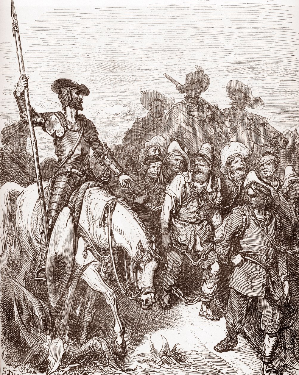 Don Quijote och sancho Panza förhör brottslingarna som leds till galärerna Gravyr av Gustave Dore (1832-1883) för "L