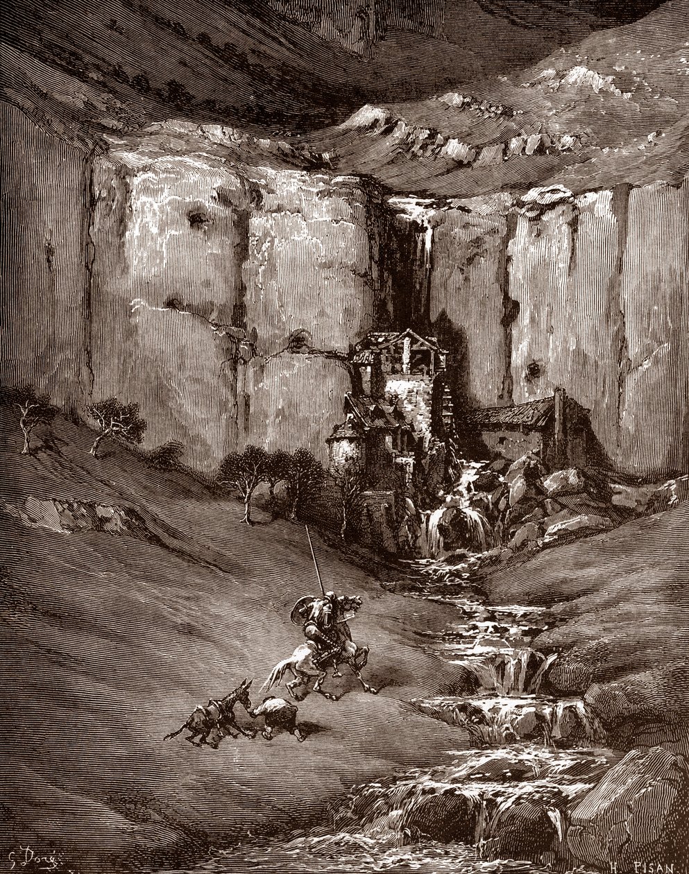 Don Quijote och sancho Panza ser ett vattenfall och bullriga hovels (Don Quixote och sancho Panza ser ett vattenfall och bullriga hovels) Gravyr av Gustave Dore (1832-1883) för "The Ingenieux Hidalgo Don Quixote de la Mancha (Quixotte - Quijote)" av Miguel av Gustave Dore
