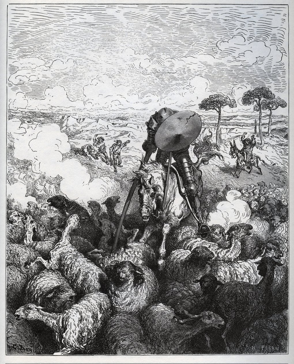 Don Quijote attackerar en fårhjord och trodde att han hade att göra med armén av Alibanfaron av Taprobana - från "Don Quixote de la Mancha" av Miguel Cervantes (1547-1616) (Don Quijote) - Träsnitt efter teckning av Gustave Dore av Gustave Dore