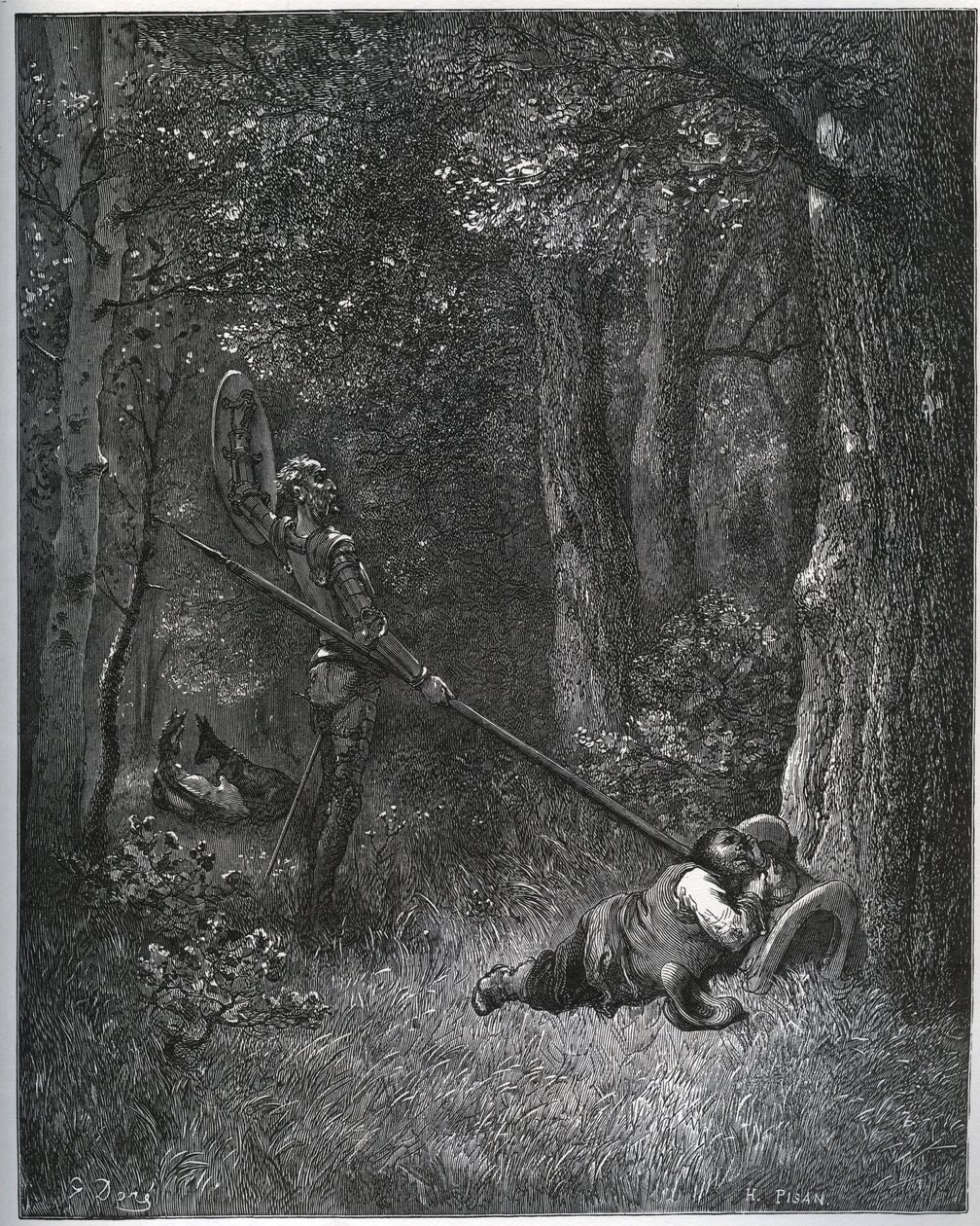 Don Quijote awakening Sancho Panza - från "Don Quixote de la Mancha" av Miguel Cervantes av Gustave Dore
