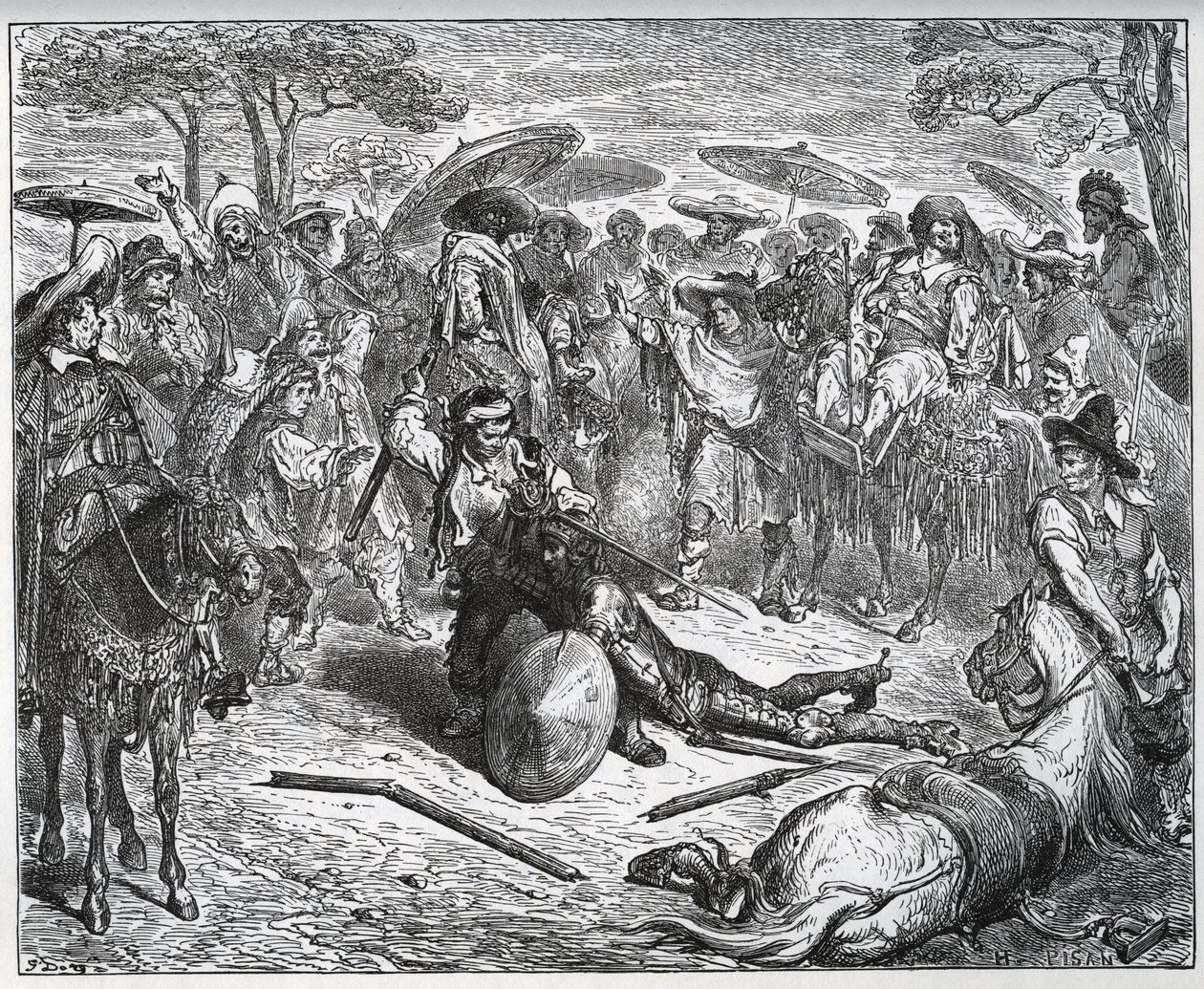 Don Quijote slagen i mitten av en grupp köpmän - Mulemakaren hade smakat på spelet - från "Don Quixote de la Mancha"" av Miguel Cervantes av Gustave Dore