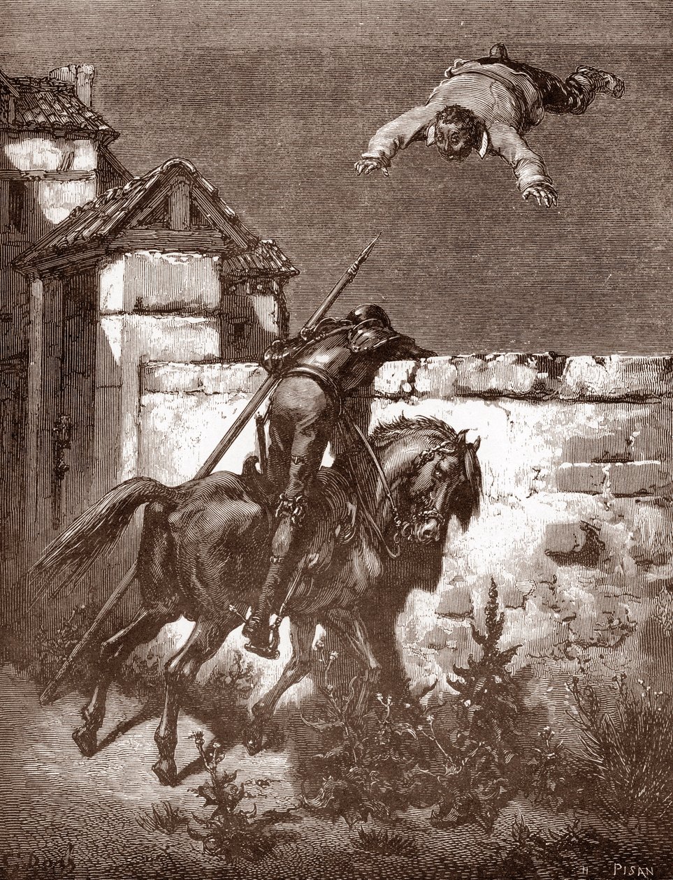 Don Quijote misslyckas med att stoppa uppskjutarna av Sancho Panca som får honom att studsa på en filt (Don Quijotes remonstrationer misslyckas med att påverka kastarna) Gravyr av Gustave Dore (1832-1883) för "L