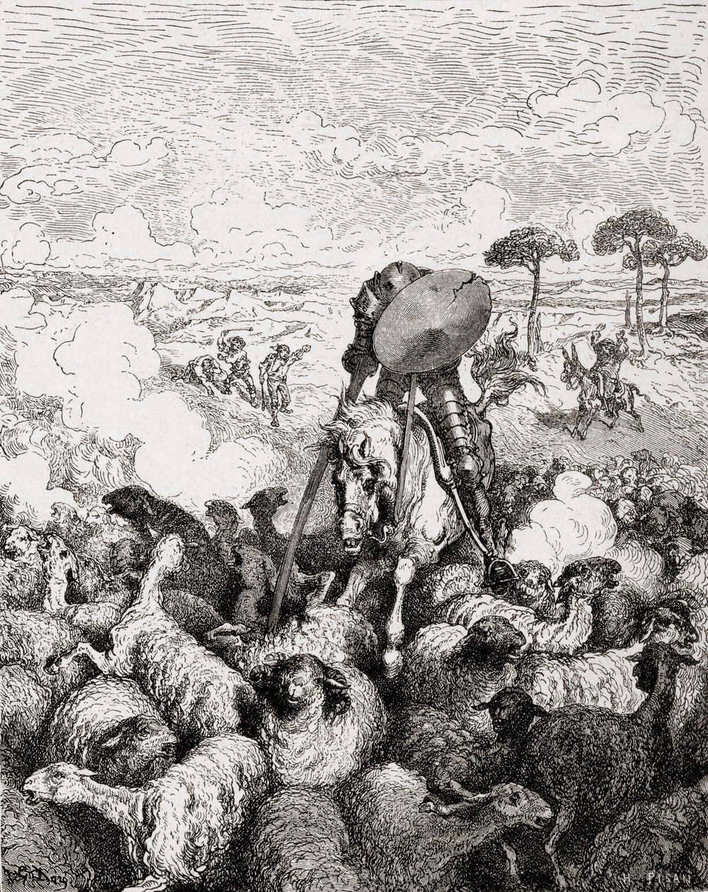 Don Quijote kämpar mot fårhjorden, från Die Gartenlaube, pub. 1905 av Gustave Dore