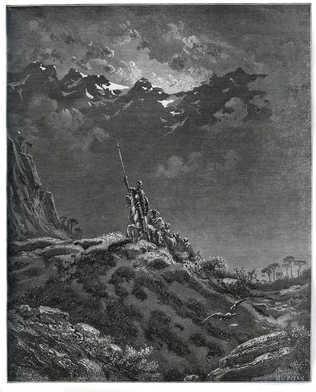 Don Quijote åker på uppdrag för Dorothee, ackompanjerad av Sancho Panza, frisör, Dorothee, kur och Cardenio - från "Don Quixote de la Mancha" av Miguel Cervantes (1547-1616) (Don Quijote) - Träsnitt efter teckning av Gustave Dore av Gustave Dore