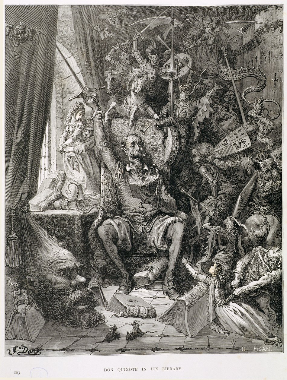 Don Quijote i sitt bibliotek, graverad av Heliodore Joseph Pisan (1822-90) ca 1868 av Gustave Dore
