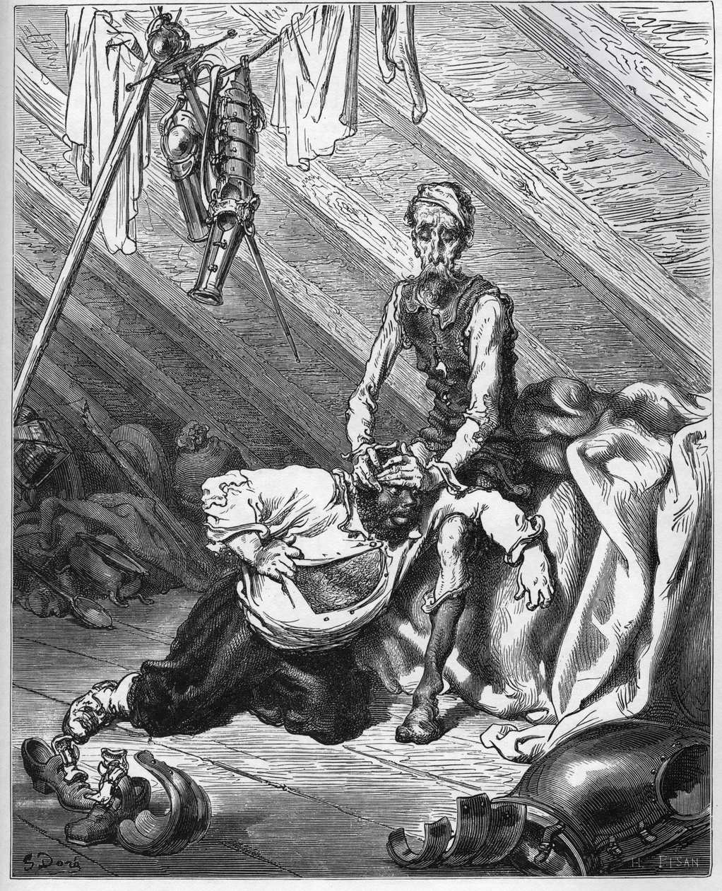 Don Quijote får Sancho Panza att smaka på hans dyrbara sinnesbalsam läka dem båda av alla sjukdomar - från "Don Quixote de la Mancha" av Miguel Cervantes av Gustave Dore