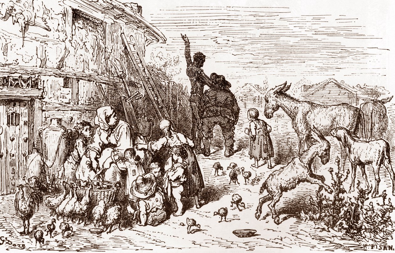 Don Quijote övertalar sin granne Sancho Panza att bli hans godsherre Gravyr av Gustave Dore (1832-1883) för "L