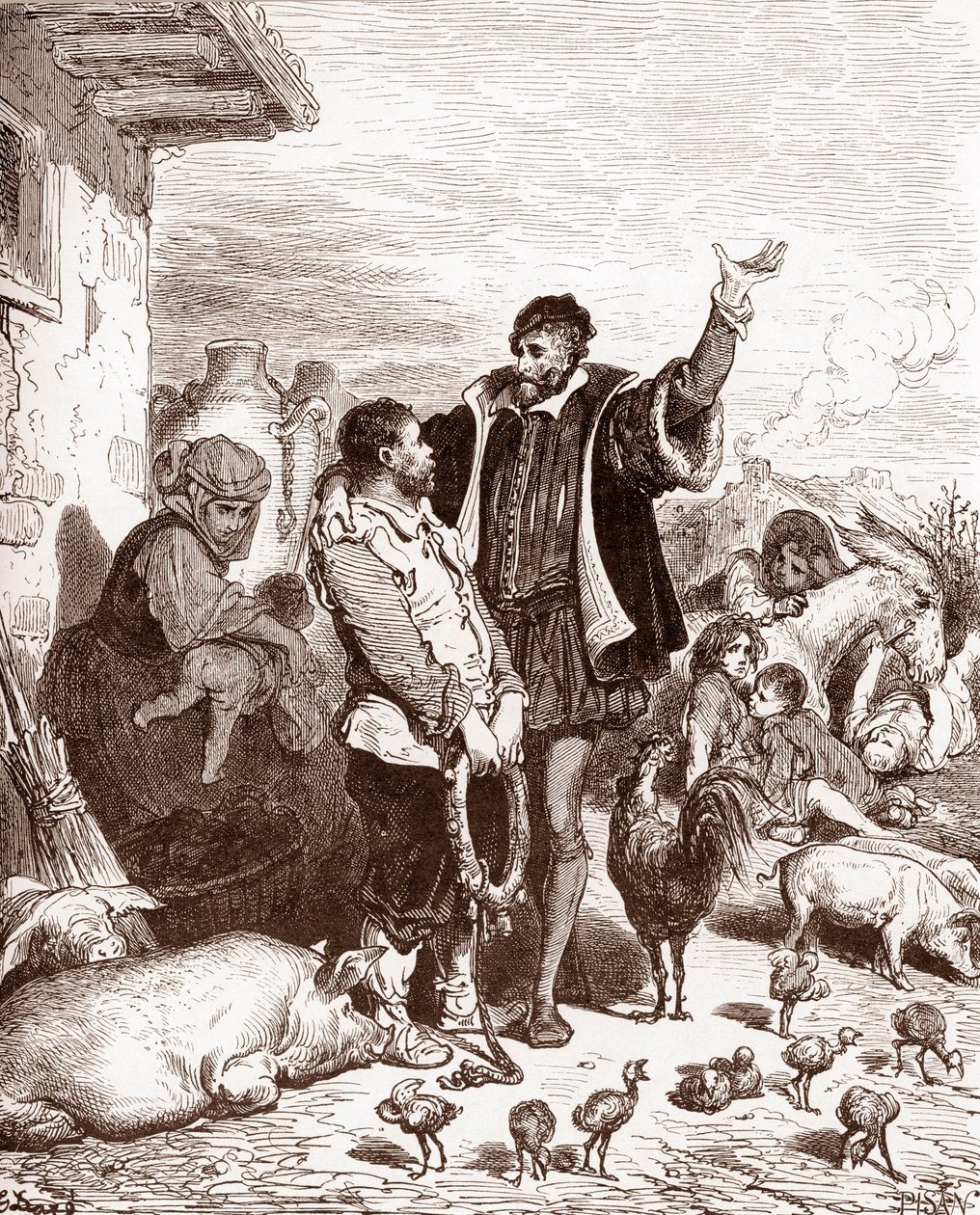 Don Quijote övertalar sin granne Sancho Panza att bli hans godsherre genom att lova att göra honom till guvernör på någon erövrad ö. Gravyr av Gustave Dore (1832-1883) för "L