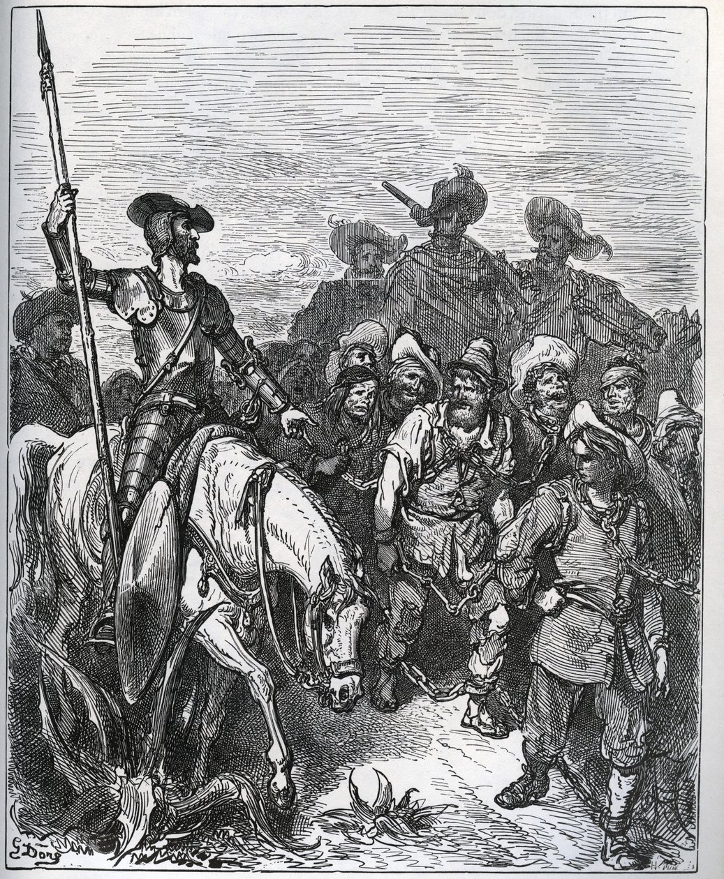 Don Quijote ifrågasätter krafterna om orsakerna till deras övertygelser - från "Don Quijote de la Mancha" av Miguel Cervantes (1547-1616) (Don Quijote) - Träsnitt efter teckning av Gustave Dore av Gustave Dore