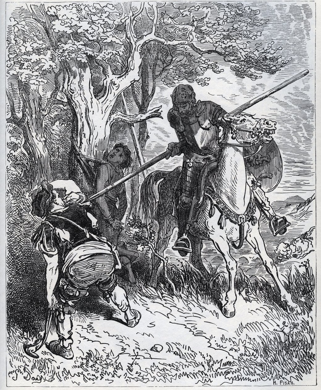 Don Quijote tar parti för den unga betjänten - "Vid solen som enlimar oss, jag vet inte vem som hindrar mig från att föra mitt blad genom kroppen" - från "" Don Quixote de la Mancha"" av Miguel Cervantes (1547- 1616) (Don Quijote) - Träsnitt efter teckning av Gustave Dore