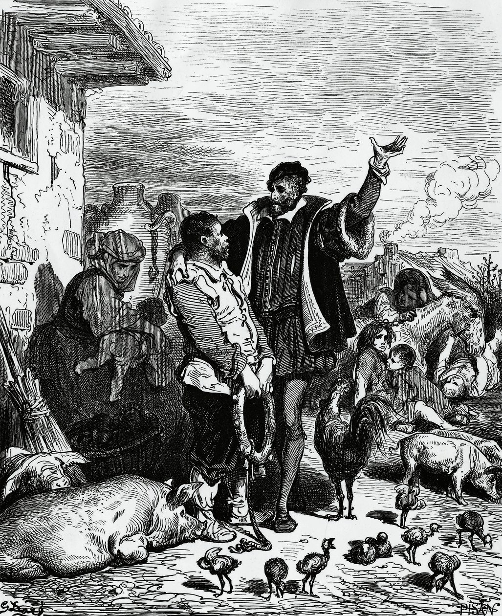 Don Quijote tar Sancho Panza från sitt hem och utser honom till guvernör, illustration av Gustave Dore