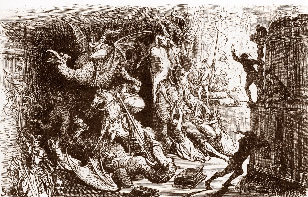 Don Quijote tänker på ingenting annat än riddargärningar Gravyr av Gustave Dore (1832-1883) för "L