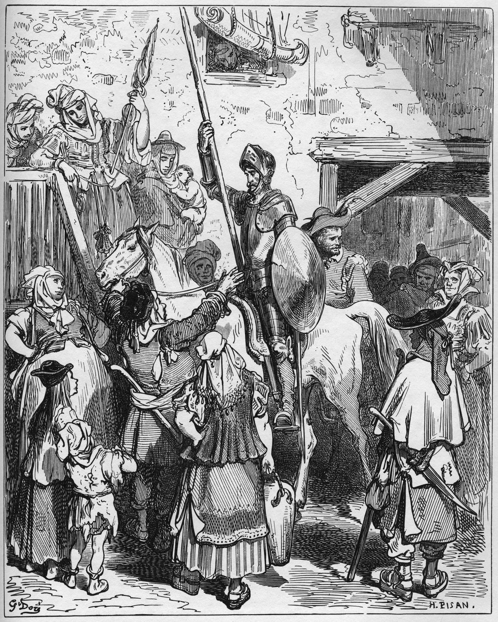 Don Quijote trodde att han gynnades av en herres gästfrihet, vägrade betala hotellägaren - från "Don Quixote de la Mancha" av Miguel Cervantes (1547-1616) (Don Quijote) - Träsnitt efter teckning av Gustave Dore av Gustave Dore