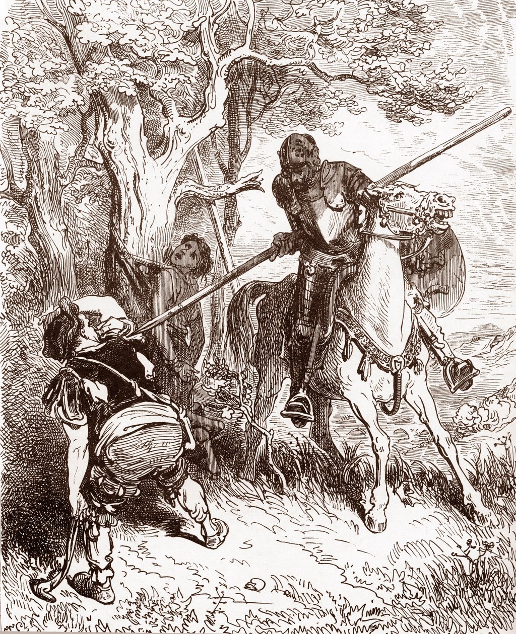 Don Quijote hotar bonden som fraktade herdepojken Gravyr av Gustave Dore (1832-1883) för "L