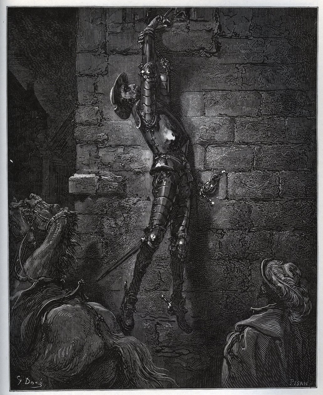 Don Quijote fången av gästgivarens dotter och Maritornes, förblir upphängd från ett fönster. - från "Don Quixote de la Mancha" av Miguel Cervantes (1547-1616) (Don Quijote) - Träsnitt efter teckning av Gustave Dore av Gustave Dore