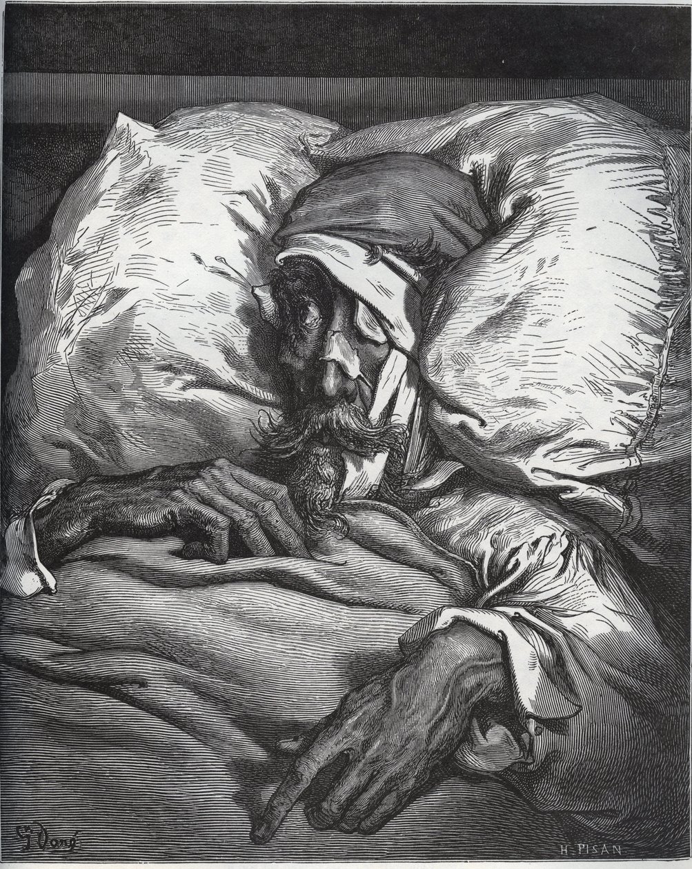 Don Quijote sårad - från "Don Quixote de la Mancha" av Miguel Cervantes (1547-1616) (Don Quijote) - Träsnitt efter teckning av Gustave Dore av Gustave Dore