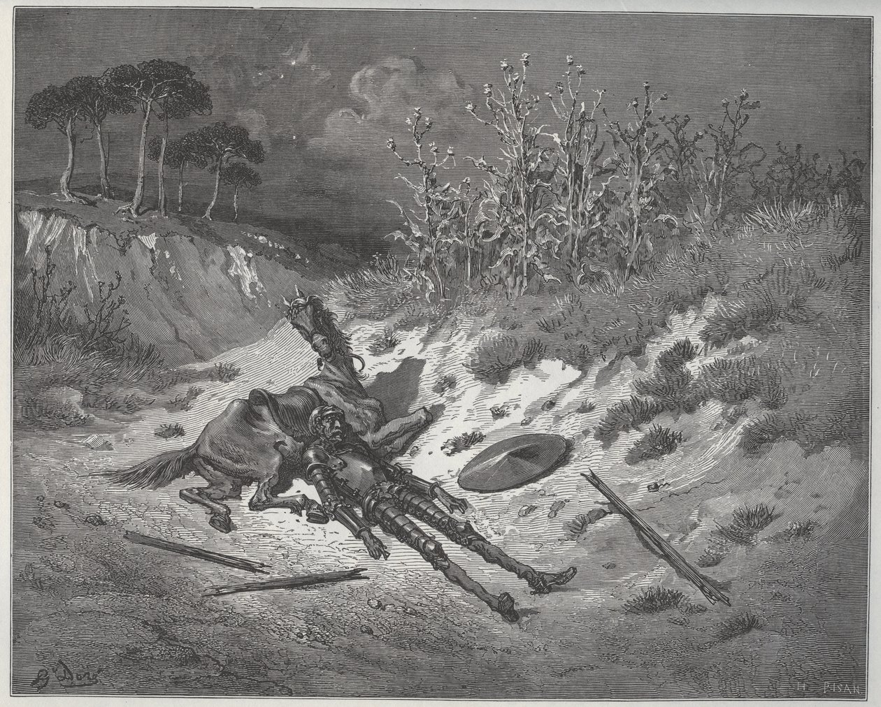 Don Quijotes sår ber om misericorde och hjälp av karaktärerna i hans fantasi - från "Don Quixote de la Mancha"" av Miguel Cervantes (1547-1616) (Don Quijote) - Träsnitt efter teckning av Gustave Dore av Gustave Dore