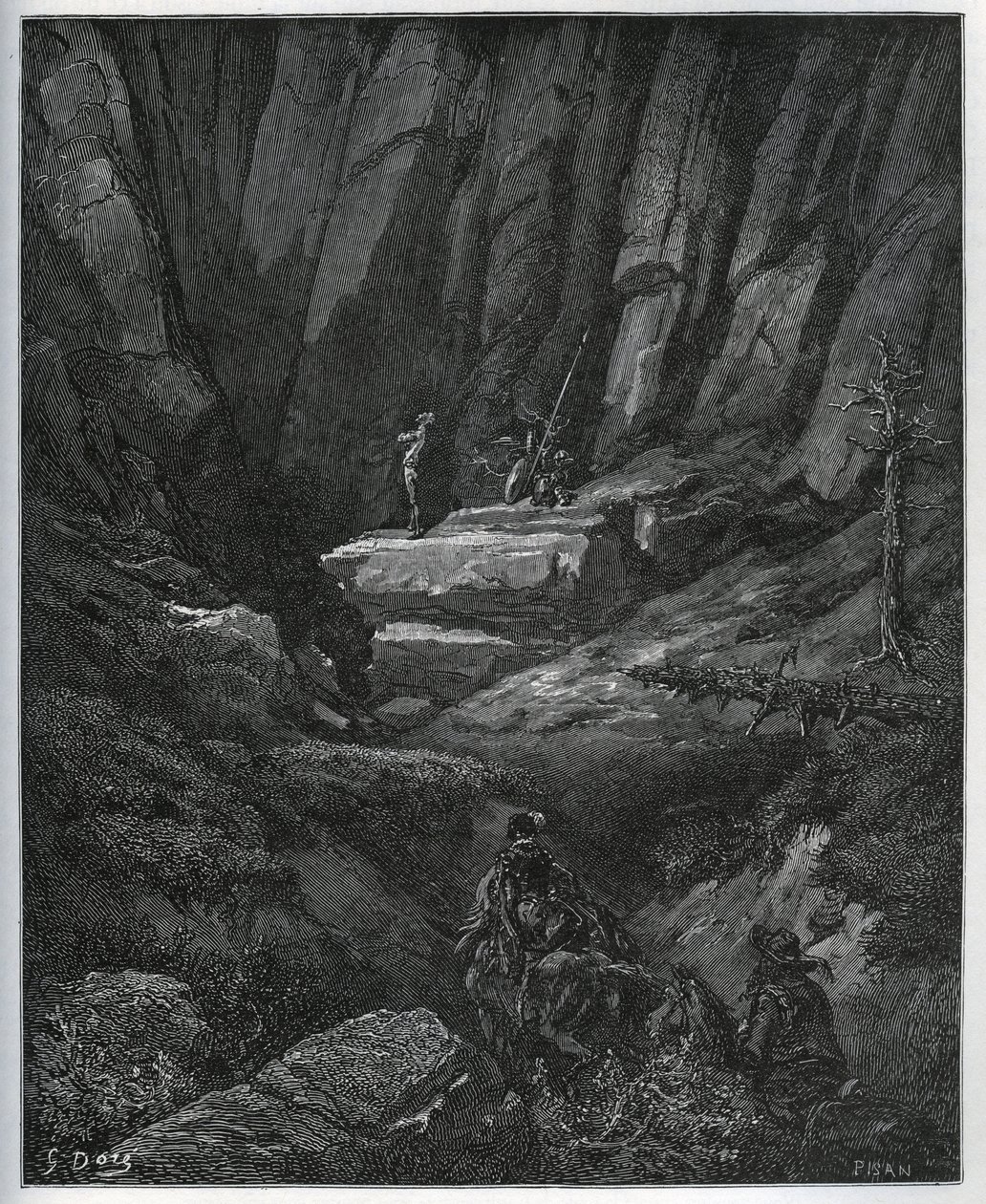 Dorothee och frisören kommer för att hämta Don Quijote då i ånger - från "Don Quixote de la Mancha"" av Miguel Cervantes (1547-1616) (Don Quijote) - Träsnitt efter teckning av Gustave Dore av Gustave Dore