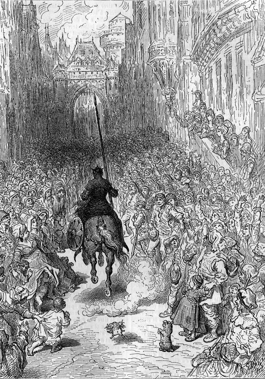 Teckning av Gustave Dore (1832-1883) till dikten "" Furious Roland"" ("Orlando furioso") (1500-talet) av Ludovico Ariosto, känd som Ariosta. Gravyr i "" Le Journal de la jeunesse"" av Gustave Dore
