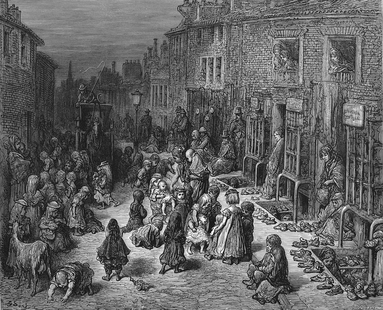 "Dudley Street, Seven Dials": Från Gustave Dore och Blanchard Jerrold London: En pilgrimsfärd till London 1872. Ovårdade, smutsiga barn leker på gatan medan en taxi försöker köra igenom utan att krossa dem. Trägravyr av Gustave Dore