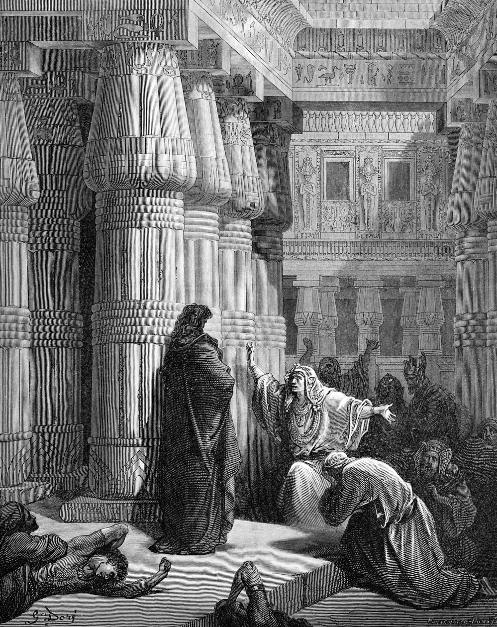 Egyptierna uppmanar Moses att ge sig av, av Doré. - Bibeln av Gustave Dore