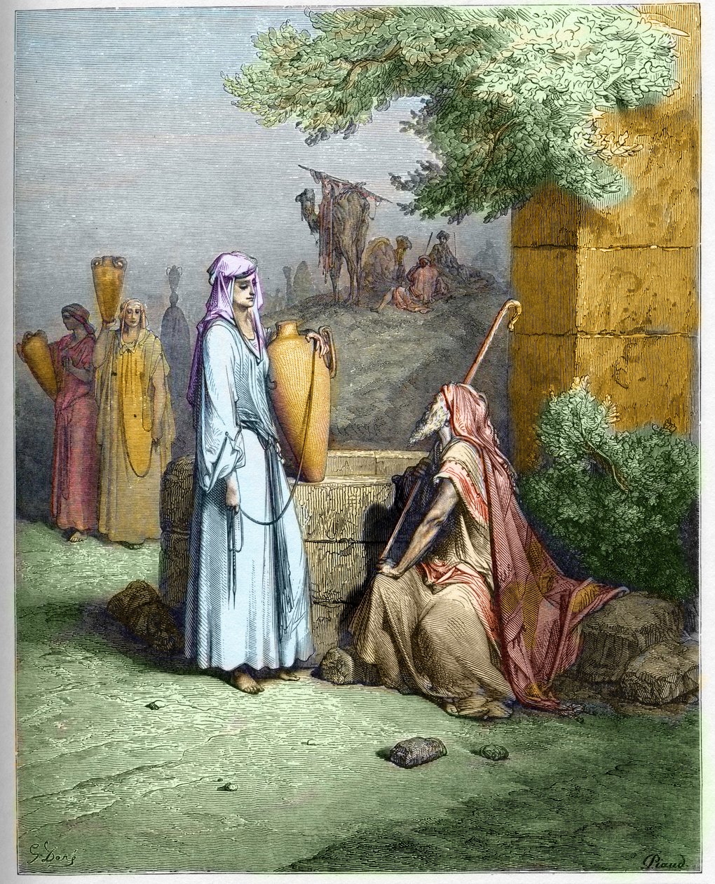Eliezer och Rebecka - Eliezer, Abrahams tjänare, erbjuds en drink med vatten av Rebekah - Eliezer och Rebecca - gravering i "The Bible illustree" av Gustave Dore (1832-1883) - Gravyr från "" The Dore Bible"" av Gustave Dore
