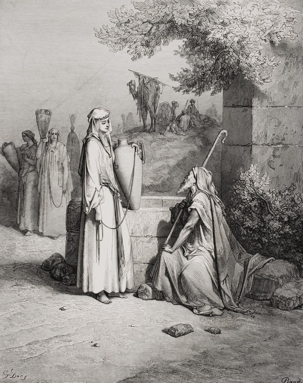 Eliezer och Rebecka, 1 Mosebok 24:15-21, illustration från Dores 