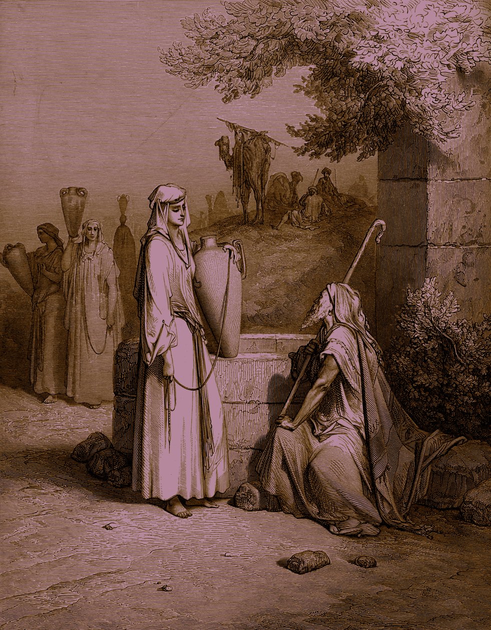 Eliezer och Rebecka / Rebecca, gravyr av Doré. - Bibeln av Gustave Dore
