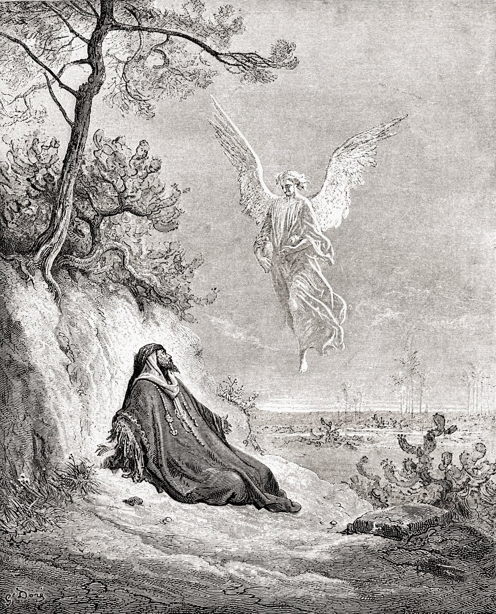 Elia närdes av en ängel. Efter ett verk ur Bibeln av Gustave Dore. Från Life and Reminiscences of Gustave Dore, publicerad 1885. av Gustave Dore