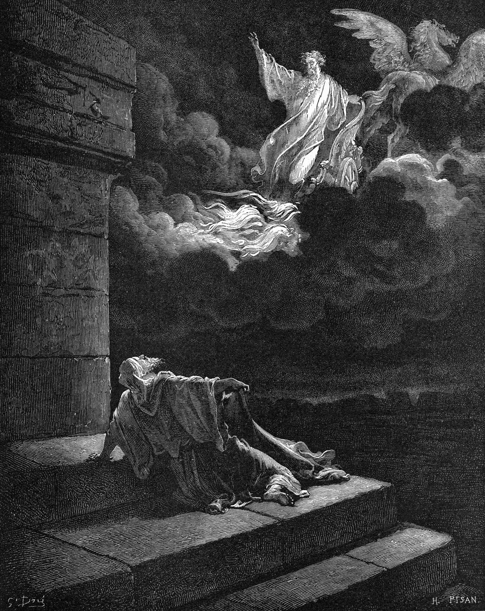 Elias stiger upp i en eldvagn av Gustave Dore