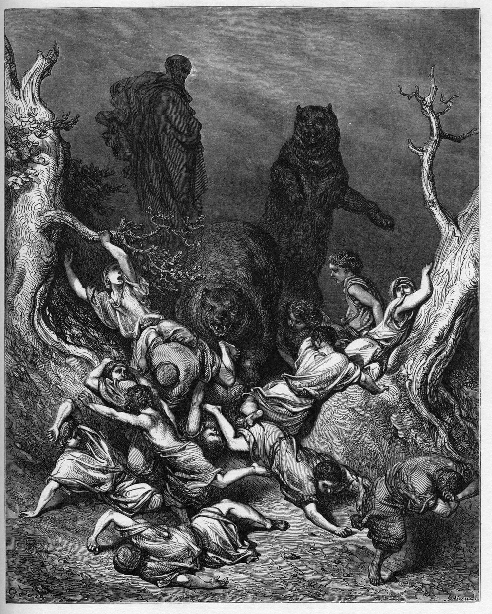 Elisee förbannar ungdomarna på Betel - Betels barn förstörda av björnar - Elia förbannar ungdomarna på Betel - gravyr i "The Bible illustree" av Gustave Dore (1832-1883) - Gravyr från "" The Dore Bible"" av Gustave Dore