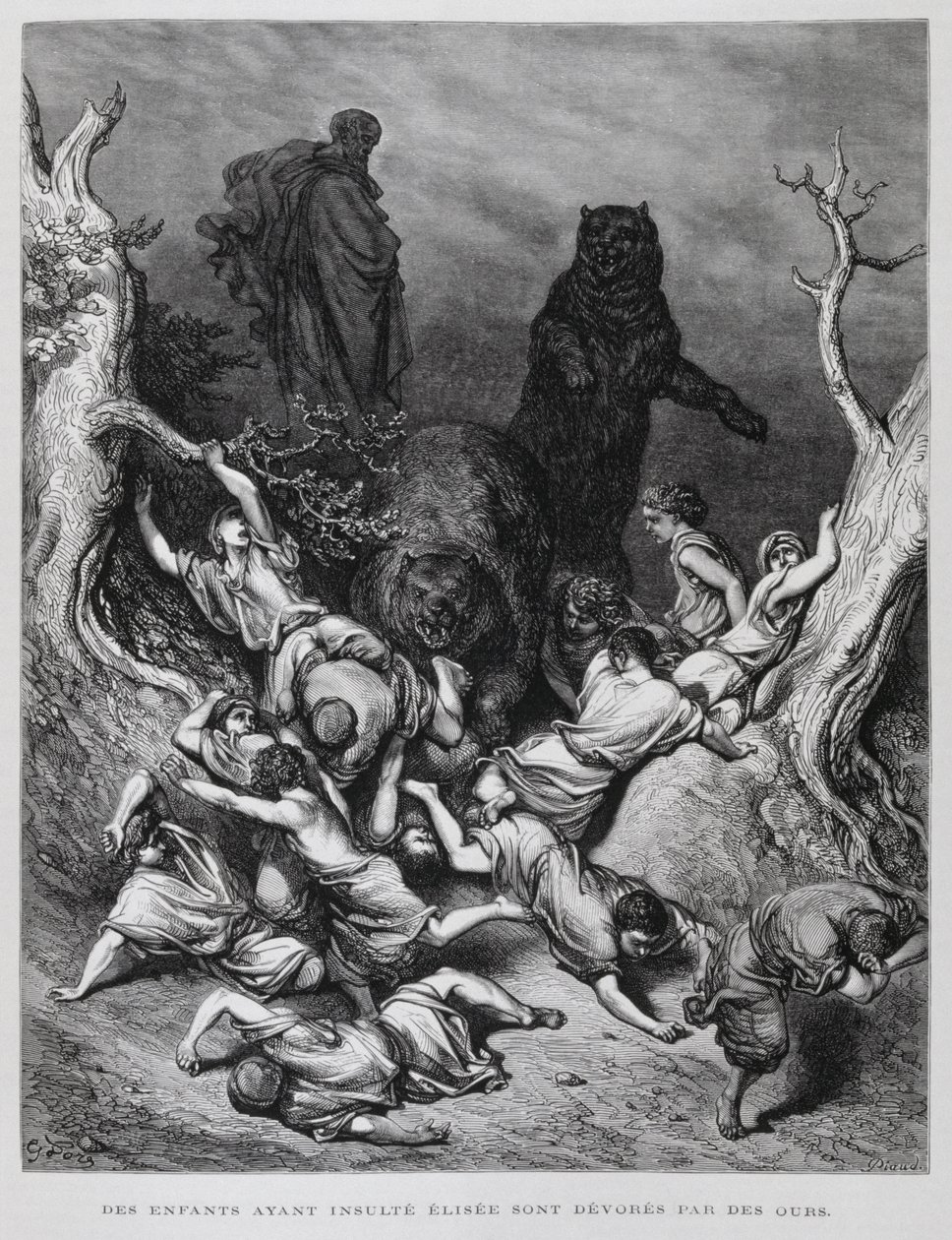 Elisha ser på när barnen förgörs av björnar, illustration från Dore-bibeln av Gustave Dore