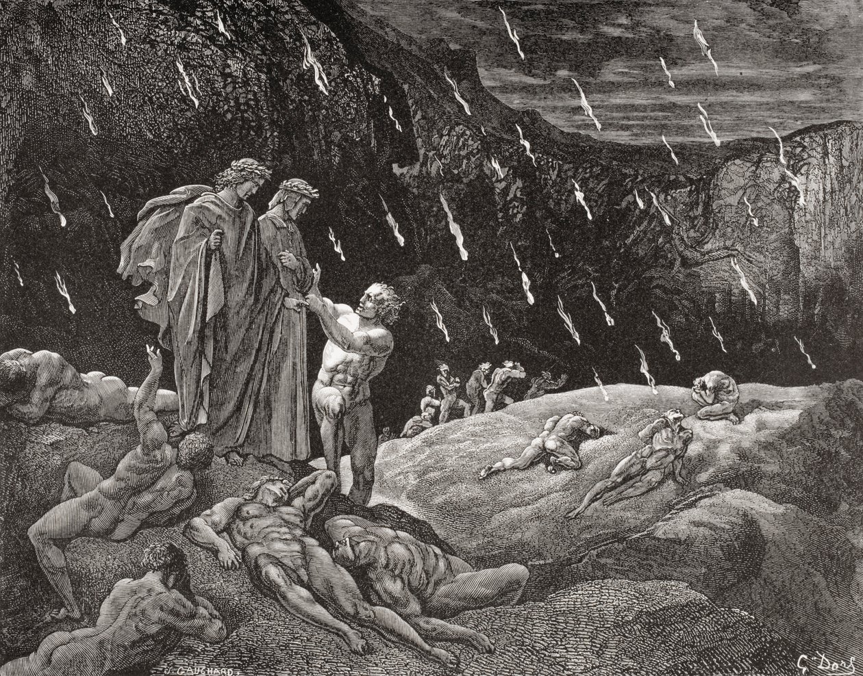 Gravyr av Gustave Dore 1832-1883 Fransk konstnär och illustratör till Inferno av Dante Alighieri Canto XV raderna 28 och 29 av Gustave Dore