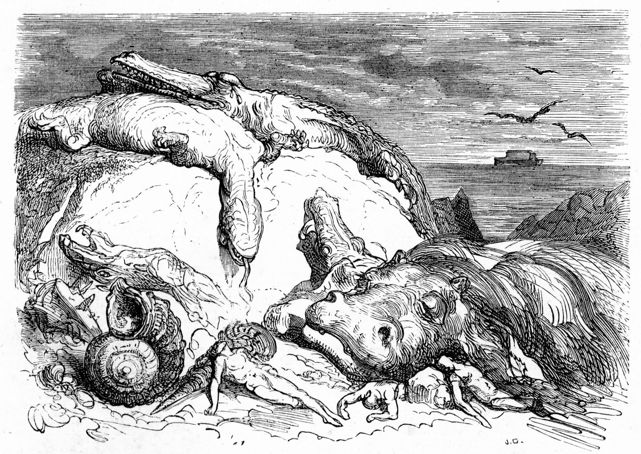 Gravyr av Gustave Dore omkring 1850: framkallande av en apokalyptisk syndaflod som kombinerar biblisk tradition (man kan på avstånd se Noes ark på havet) och början av vetenskaplig kunskap (olika monstruösa djur misslyckades på berget, pref av Gustave Dore