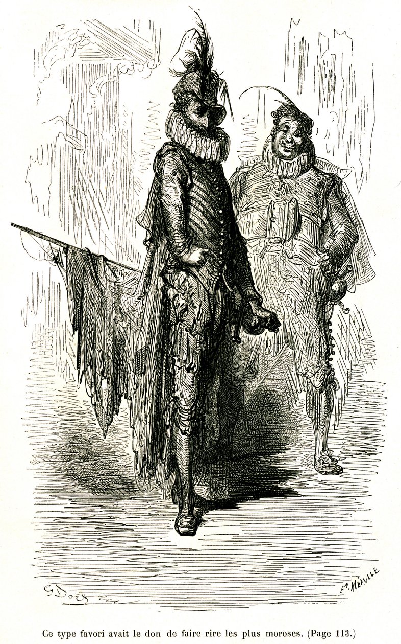 Gravyr av Gustave Dore som illustrerar Theophile Gautiers roman "Kapten Fracasse". Charpentier Edition 1863. Två komiker (skådespelare inom commedia dell