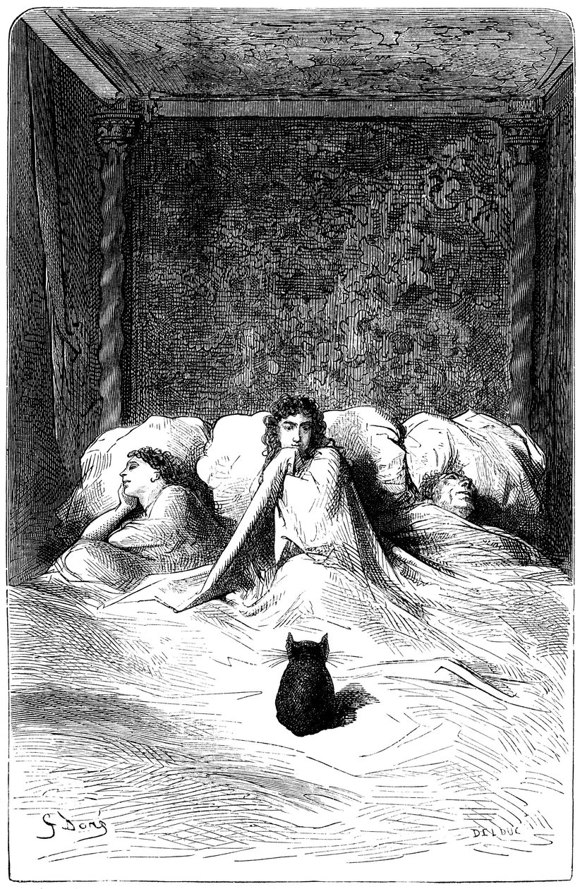 Gravyr av Gustave Dore som illustrerar Theophile Gautiers roman "Kapten Fracasse". Charpentier Edition 1863. I baron de Sigognacs residens, "Chateau de la Misere", fann en trupp komiker en fristad. Tre skådespelerskor somnade i en l av Gustave Dore