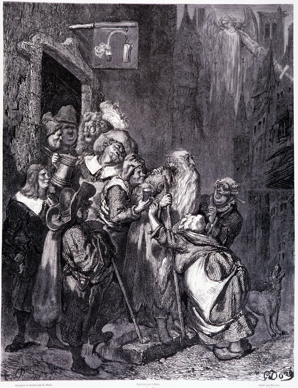 Gå in i detta gästgiveri, tallrik IV - Illustration av Gustave Dore (1832-1883), för La legende du Jeif wandering av Pierre Dupont, upplaga Librairie du magasin picturesque, Paris 1862 av Gustave Dore